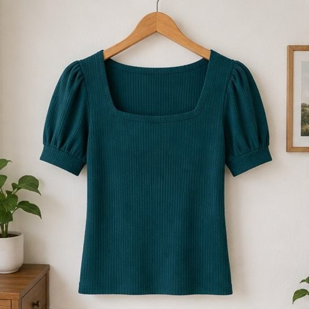 Teal Ribbed Square Neck Top